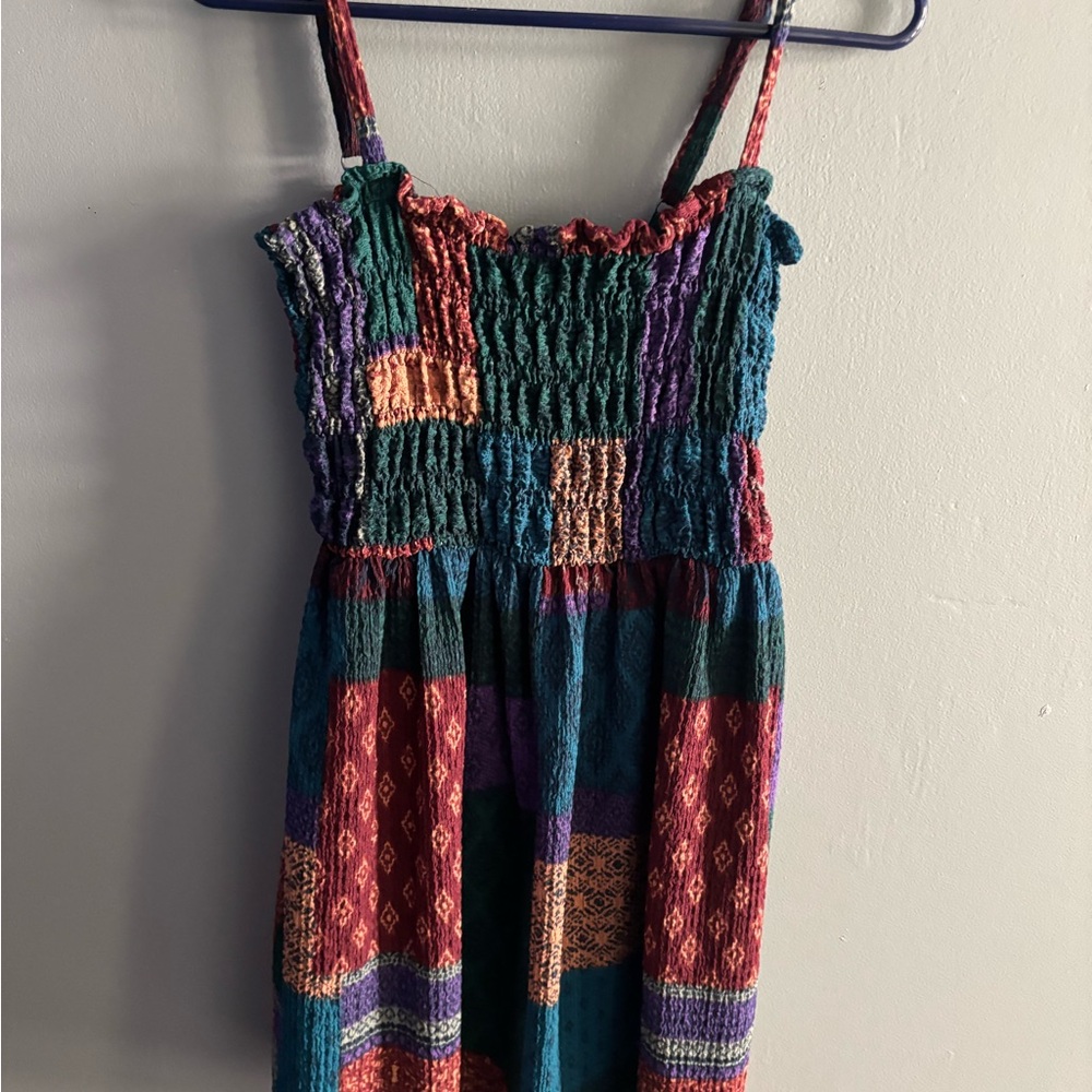 EARTHBOUND Green and Blue Smocked Ruched Sundress